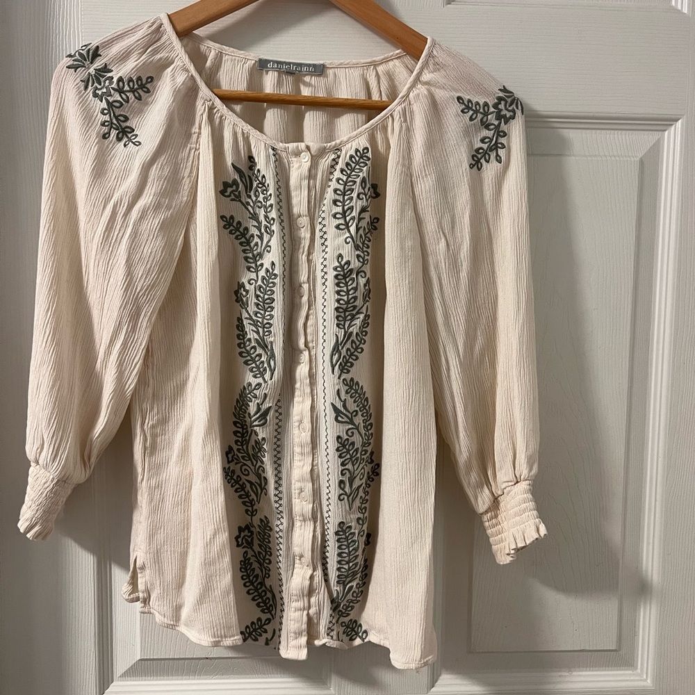 Daniel Rainn Cream and Olive Green Embroidered Blouse